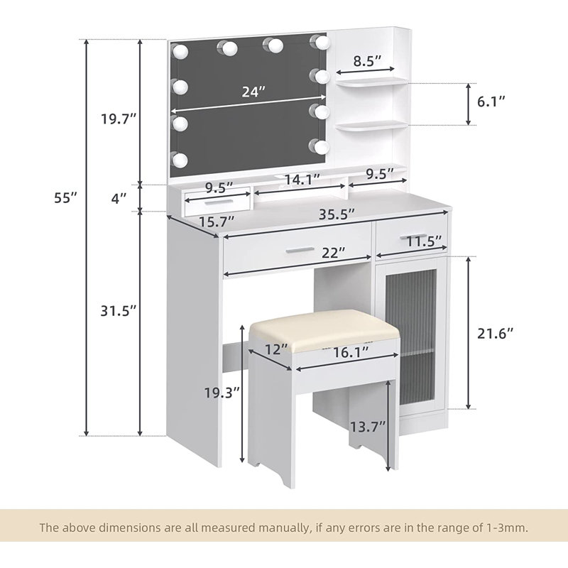 Latitude Run® Vanity Desk with Mirror and Lights,White Makeup Vanity with Power Outlet & Storage